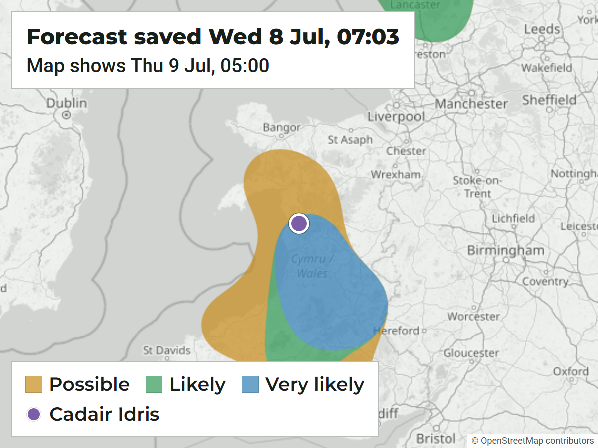 Archived WeatherDuck map showing a Very likely cloud inversion forecast across southern Eryri and mid Wales for 05:00 on 9 July 2026.