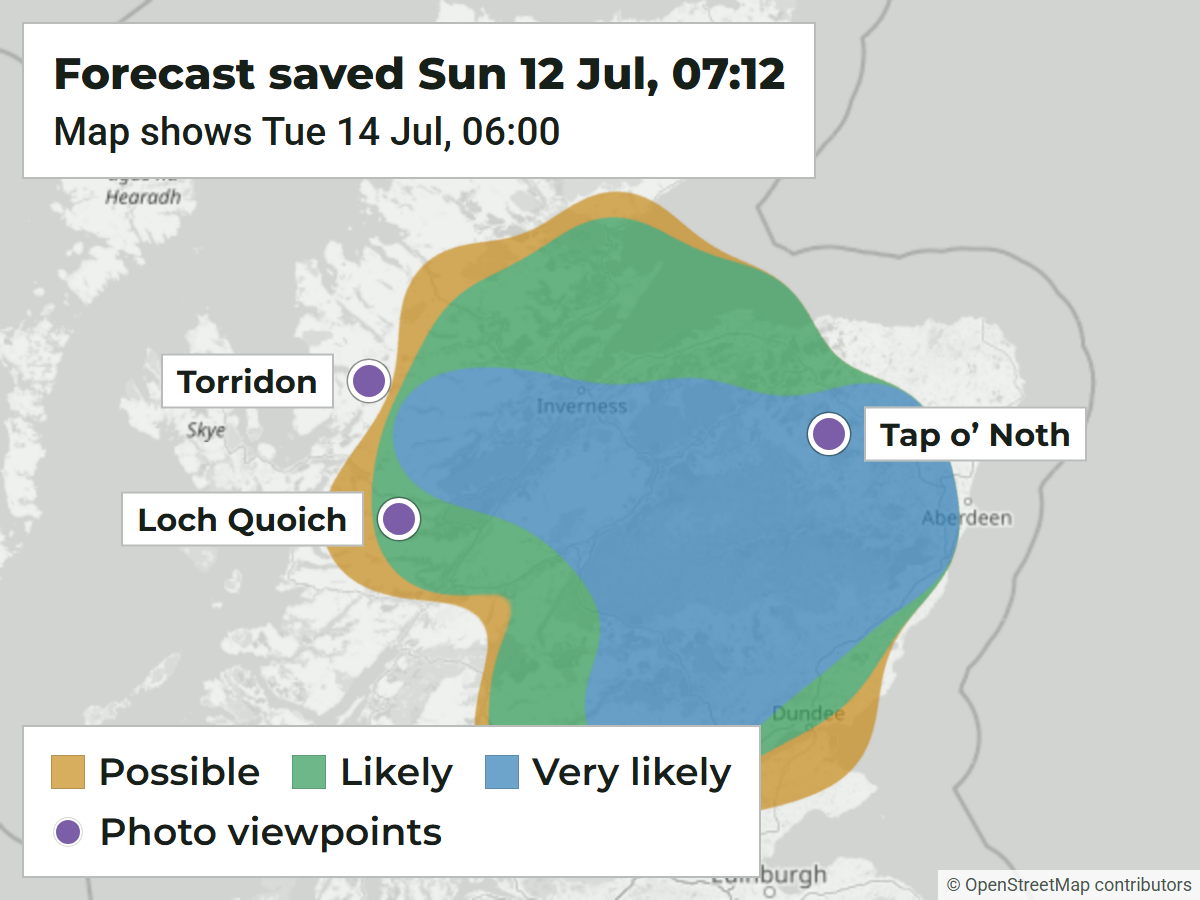 WeatherDuck forecast saved on 12 July 2026 for 06:00 on 14 July, with three photo viewpoints marked: Tap o’ Noth inside the Very likely area, Loch Quoich inside the Likely area and Torridon just outside the western edge.