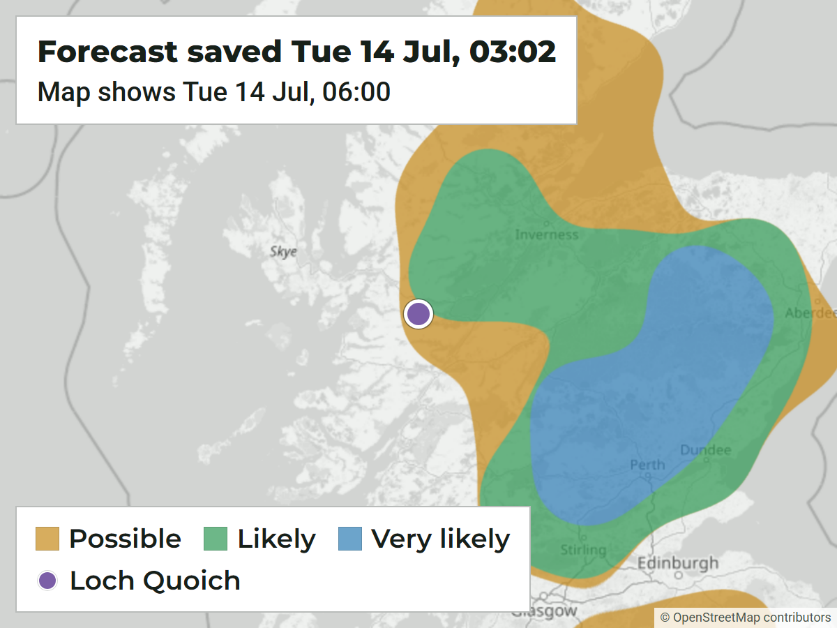 Final forecast before dawn, for 06:00 on 14 July 2026. The Loch Quoich dot sits in the gold fringe just outside the green Likely area.