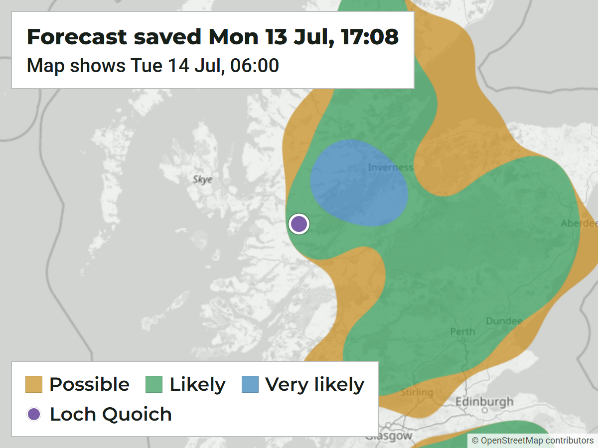Forecast saved the evening before, for 06:00 on 14 July 2026, with the Loch Quoich dot on the western edge of the green Likely area.