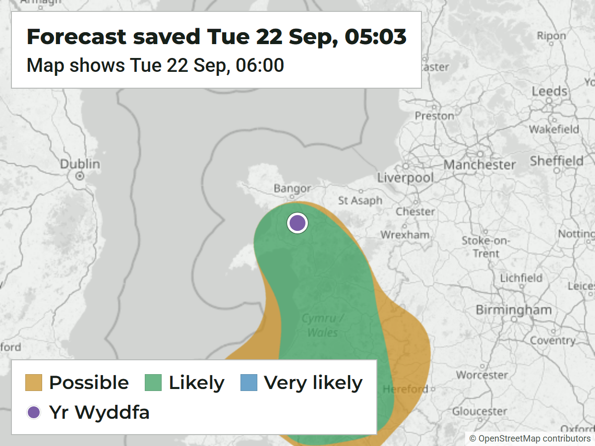 Archived WeatherDuck map showing a Likely cloud inversion area over most of Wales for 06:00 on 22 September 2026, saved at 05:03 that morning.