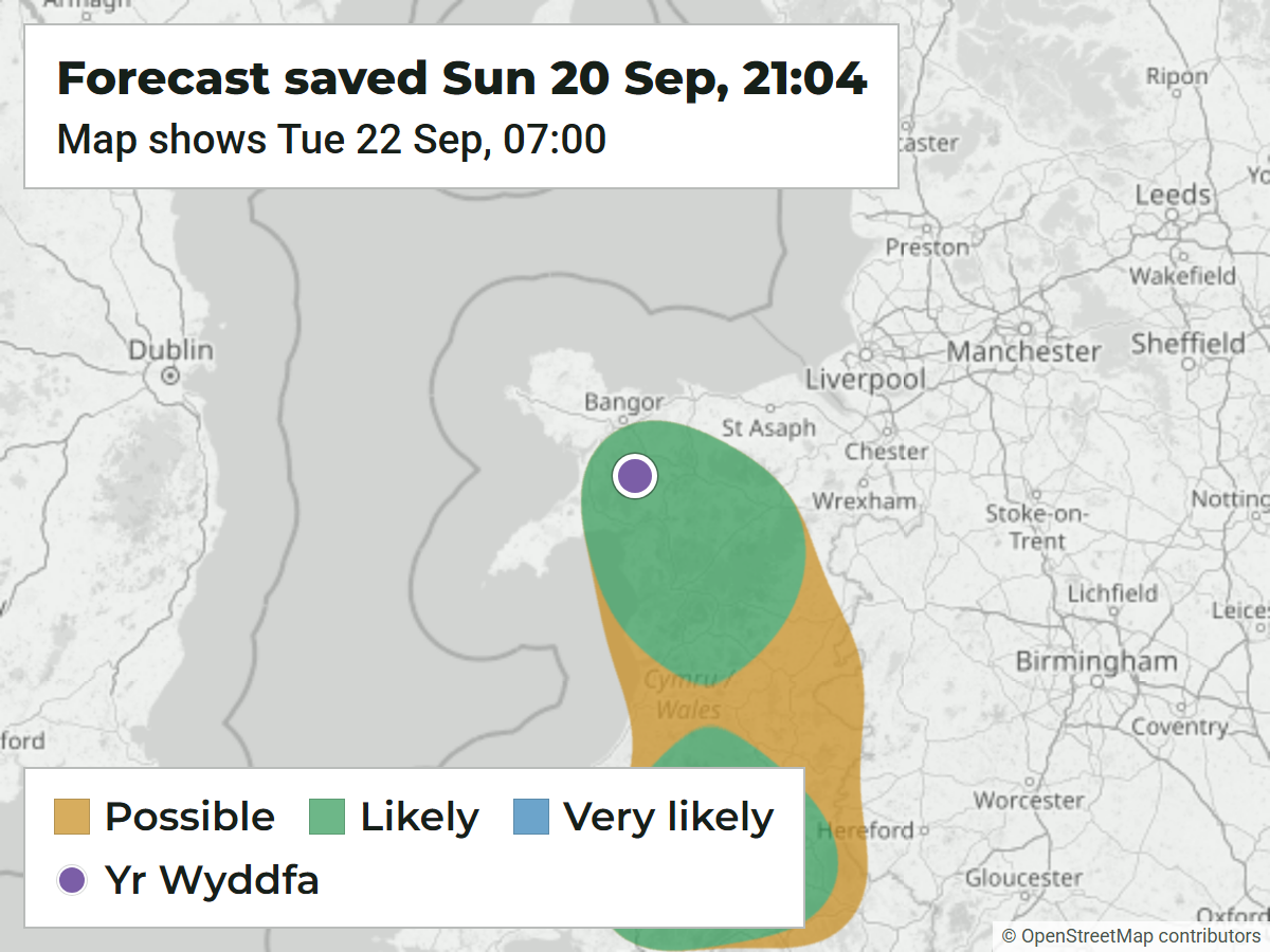 Archived WeatherDuck map showing a Likely cloud inversion area over Eryri for 07:00 on 22 September 2026, saved on 20 September.