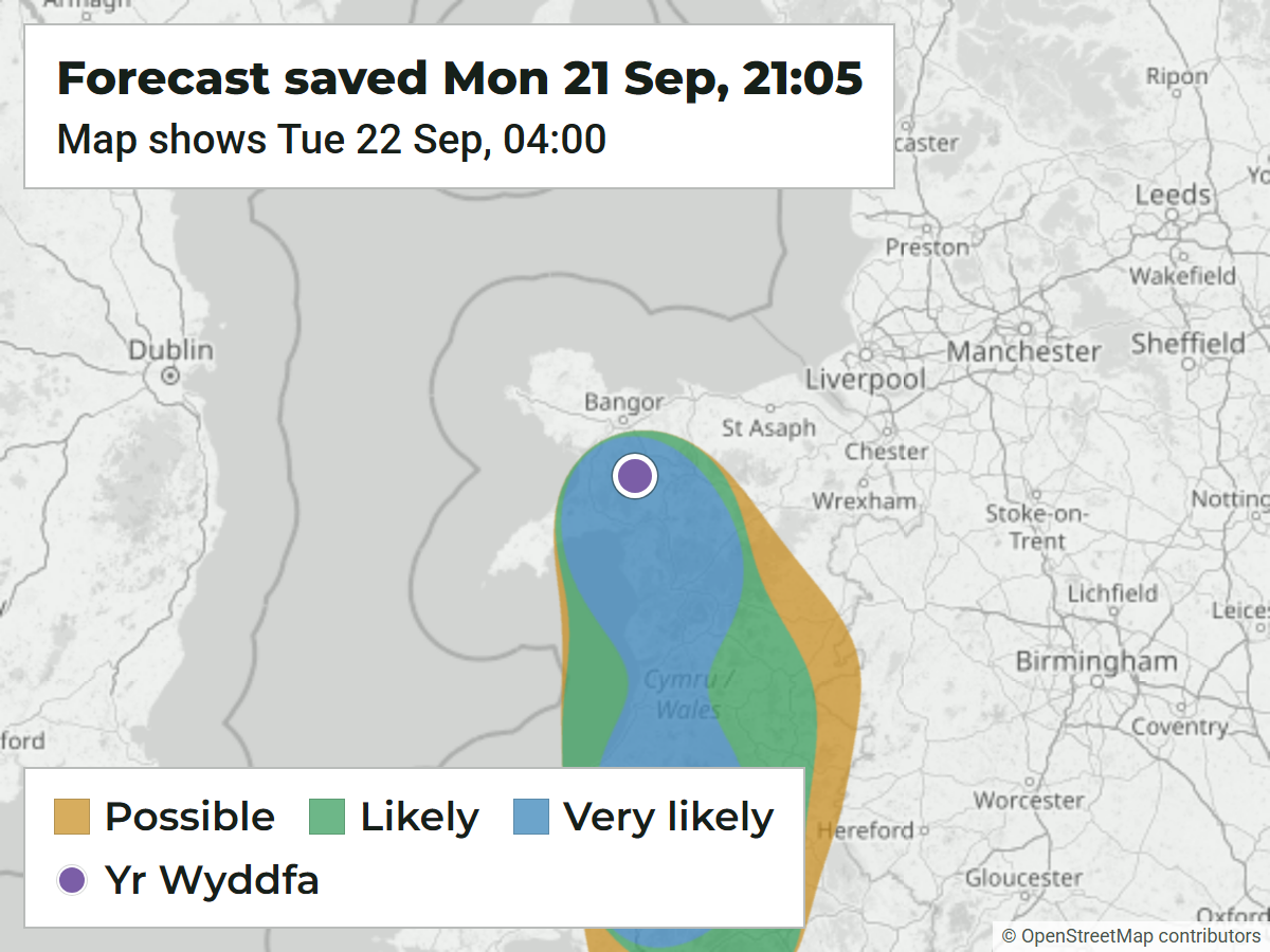 Archived WeatherDuck map showing a Very likely cloud inversion area over Eryri and mid Wales for 04:00 on 22 September 2026, saved on 21 September.