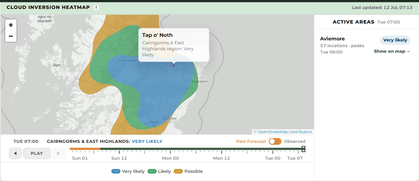 Archived WeatherDuck map showing a Very likely cloud inversion forecast across the Cairngorms and Eastern Highlands for 07:00 on 14 July 2026, with Tap o’ Noth inside it.