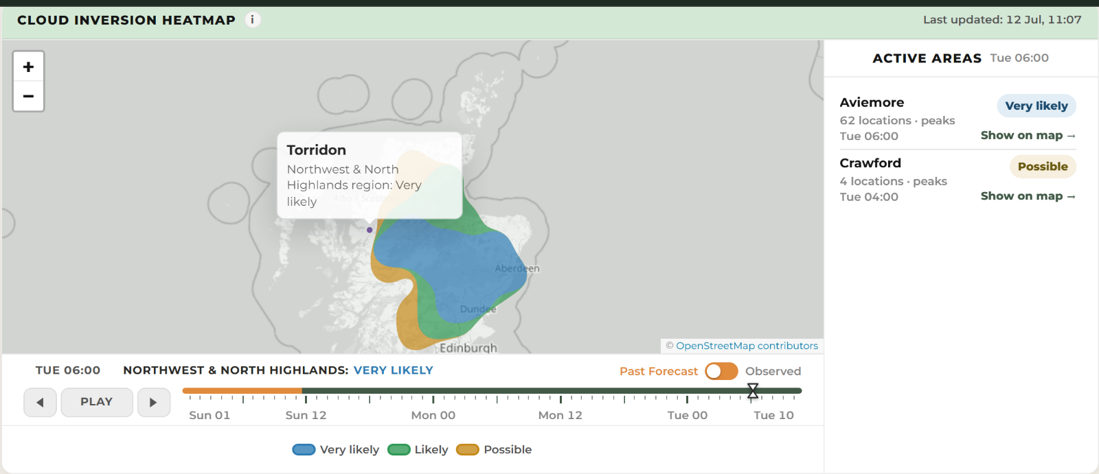 Archived WeatherDuck map showing the Highlands dawn outlook for 06:00 on 14 July 2026, with the Beinn Liath Mhòr viewpoint just west of the forecast area.