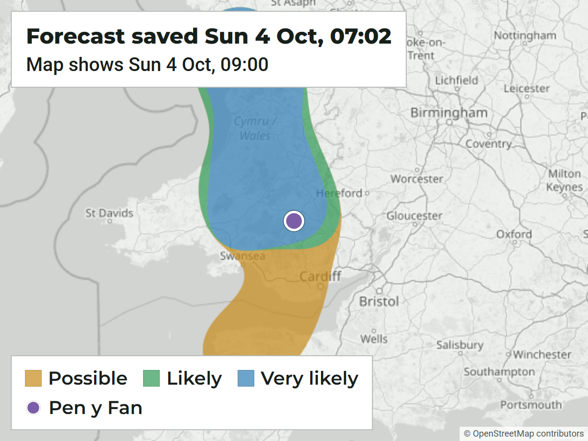 Saved WeatherDuck forecast map for 09:00 on 4 October 2026, saved at 07:02 that morning, with Pen y Fan inside a Very likely cloud inversion area over Bannau Brycheiniog