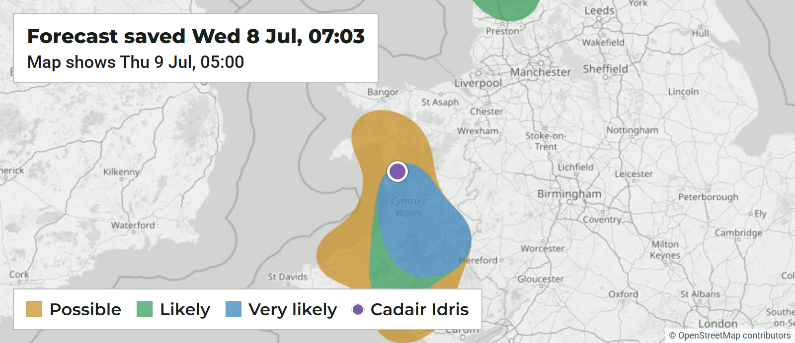 Map from the Cadair Idris report showing the cloud inversion outlook across Wales.