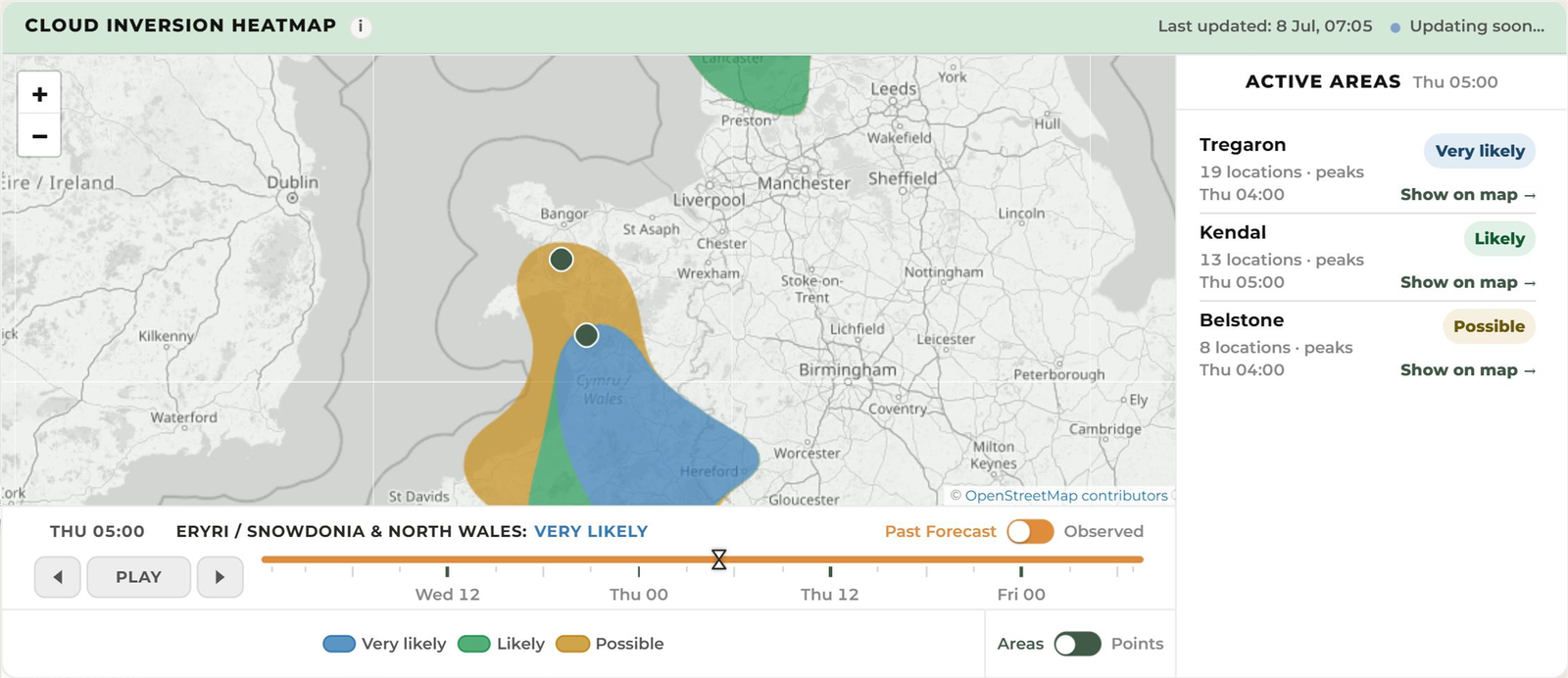 Map from the Cadair Idris report showing the cloud inversion outlook across Wales.