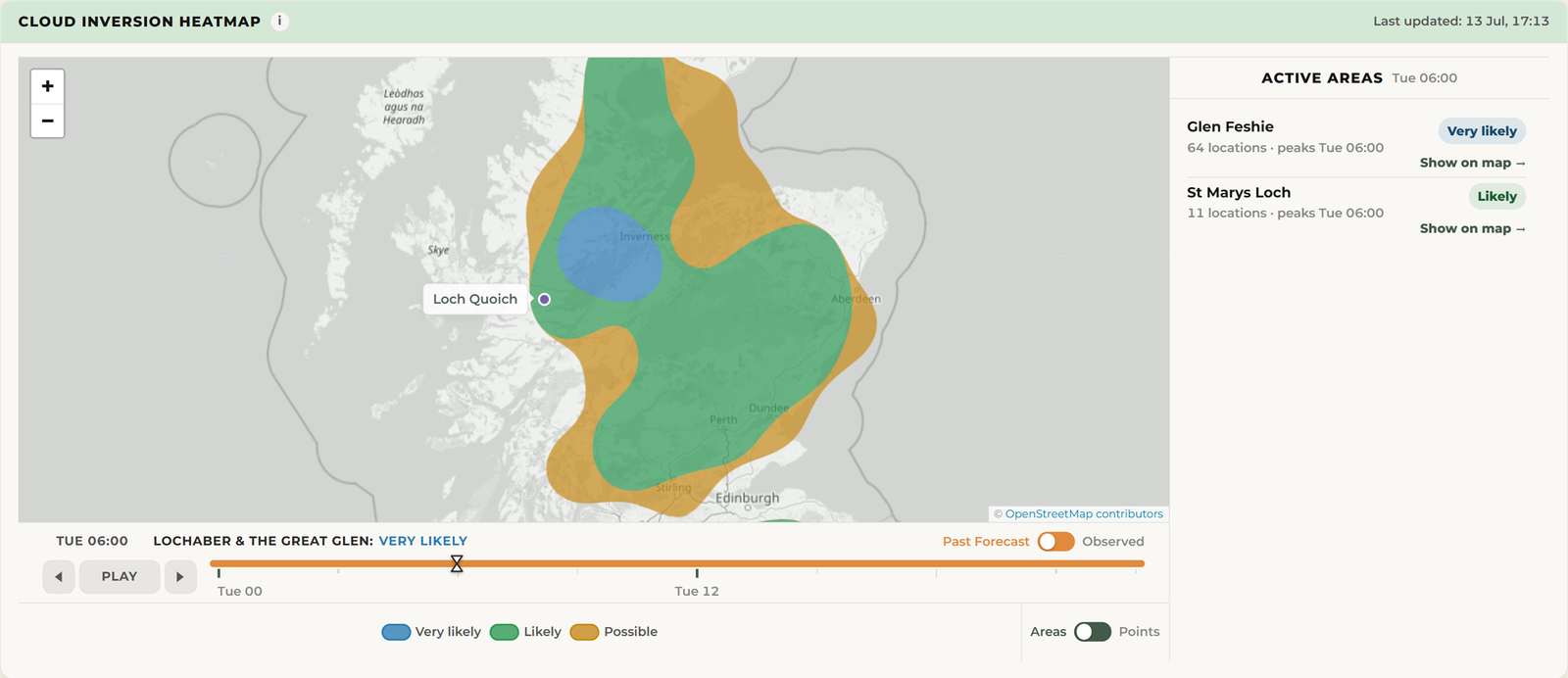 Forecast replay map with Loch Quoich marked near the western edge of the green Likely area.