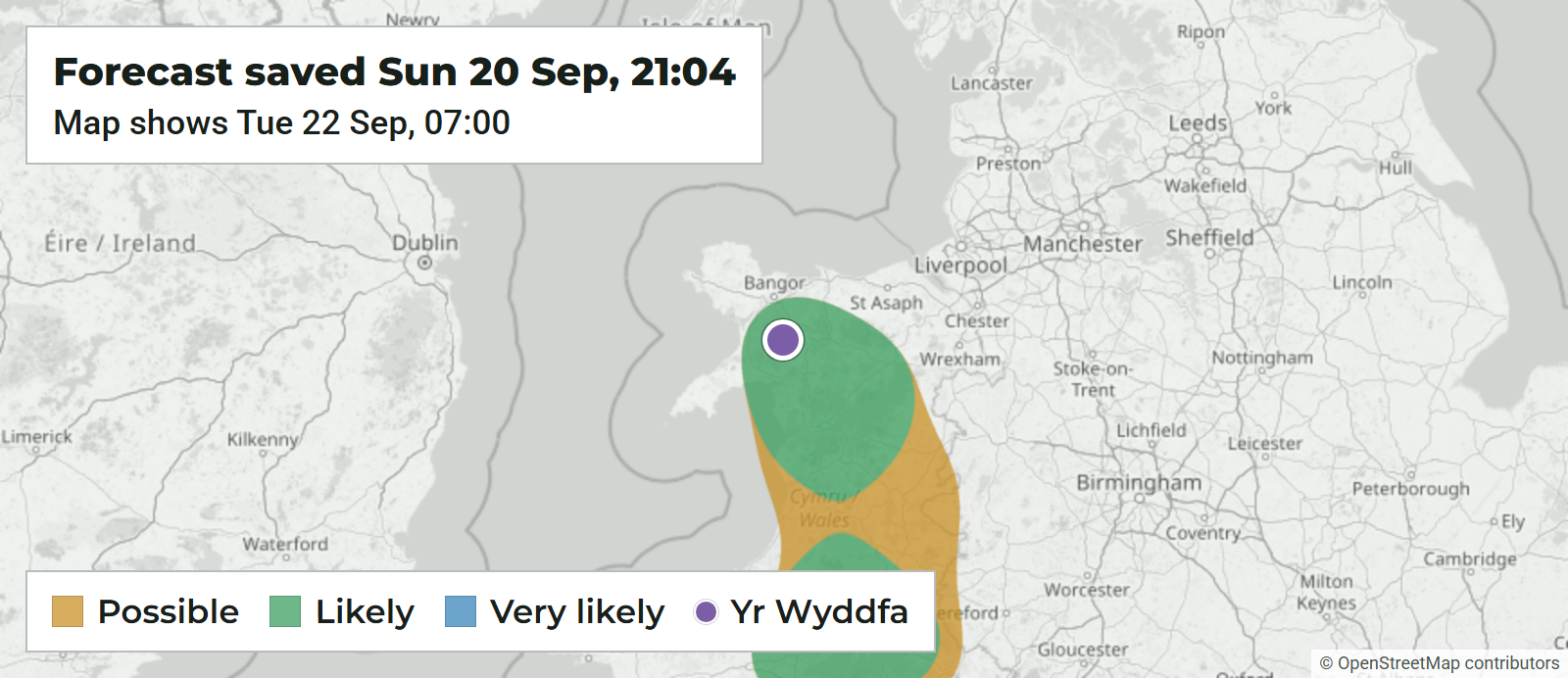 Map from the Yr Wyddfa report showing the cloud inversion outlook across Wales.