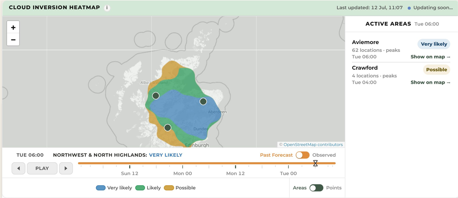 Map from the Torridon report showing the wider Highlands cloud inversion outlook.