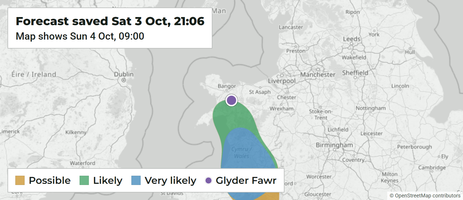 Saved forecast map for 09:00 on 4 October 2026 with Glyder Fawr on the edge of a Likely cloud inversion area over Eryri.