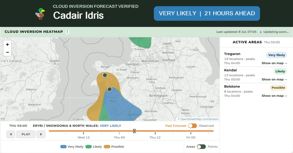 WeatherDuck cloud inversion forecast verification for Cadair Idris, marked Very likely 21 hours ahead.