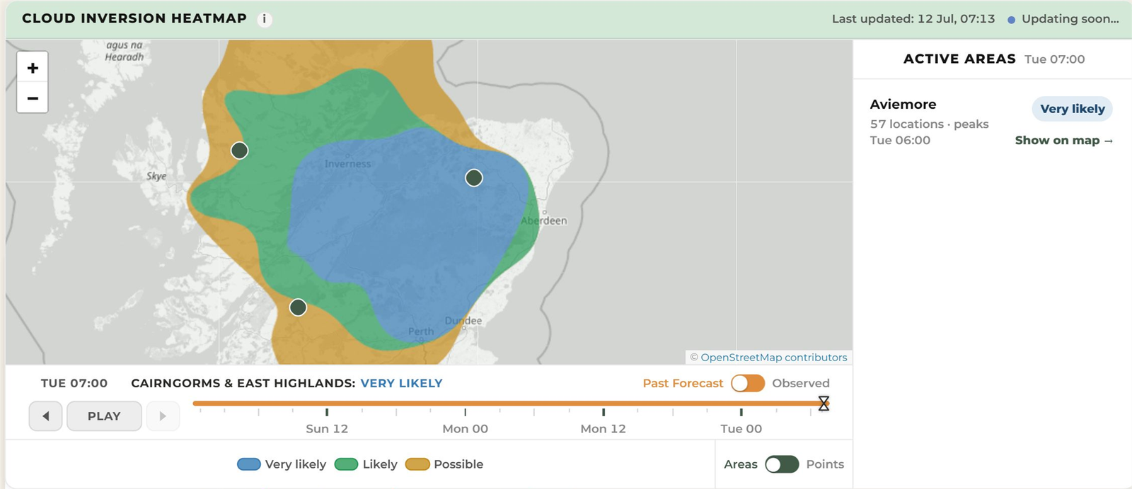 Archived WeatherDuck map showing a Very likely cloud inversion forecast across the Cairngorms and Eastern Highlands for 07:00 on 14 July 2026.