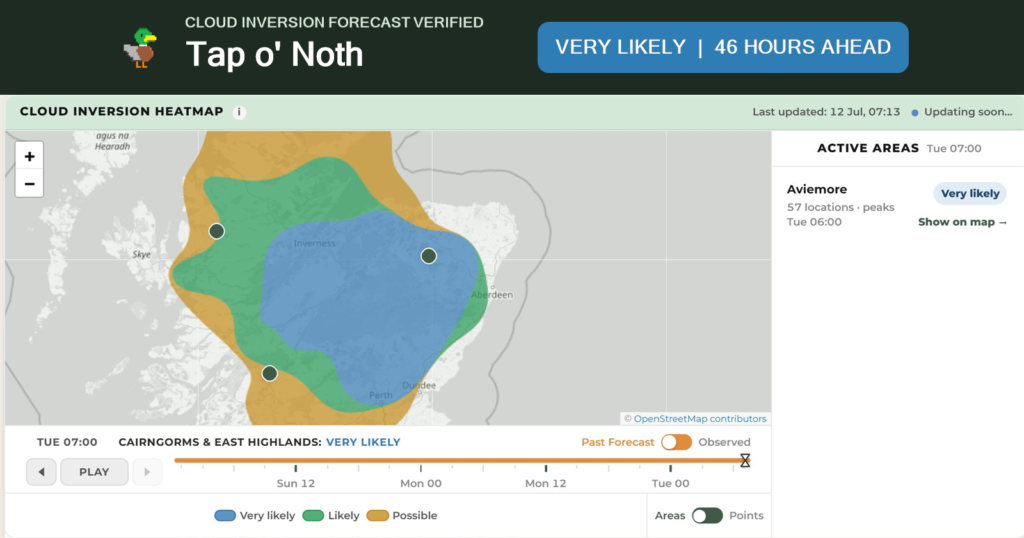 WeatherDuck cloud inversion forecast verification for Tap o' Noth, marked Very likely 46 hours ahead.