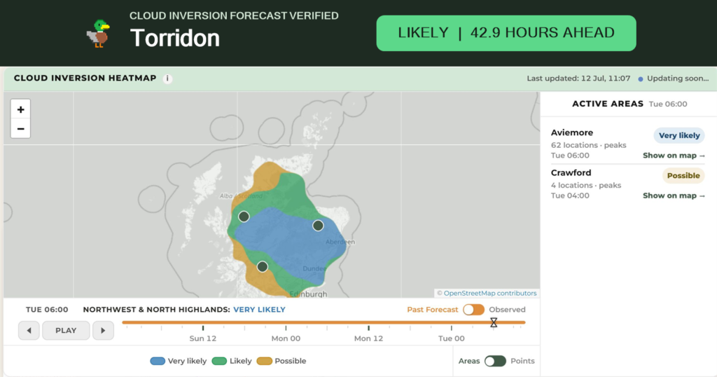 WeatherDuck cloud inversion forecast verification for Torridon, marked Likely 42.9 hours ahead.