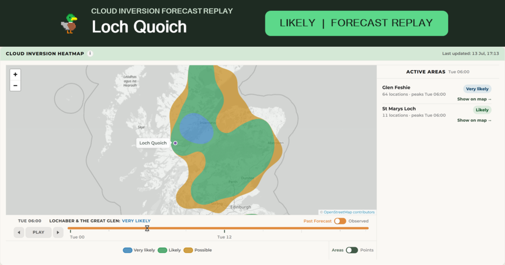 Loch Quoich cloud inversion forecast replay, 14 July 2026: the previous-evening map with the approximate review location marked.