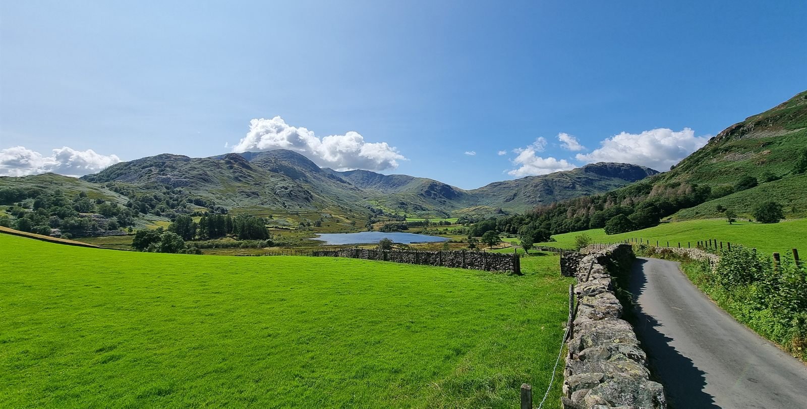 A bright green valley with drystone walls and a small tarn under green fells, with a clear blue sky and a few white clouds.