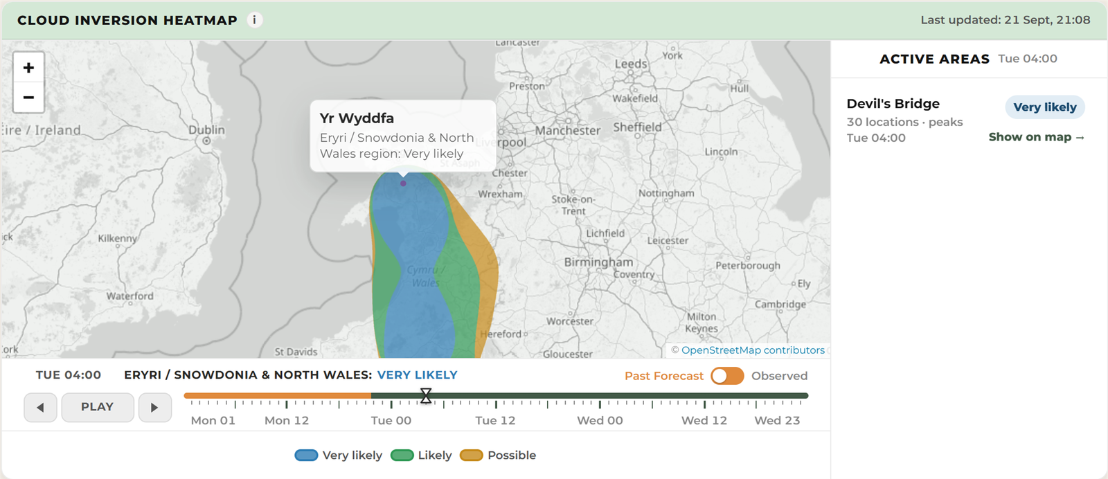 Archived WeatherDuck map showing a Very likely cloud inversion area over Eryri and mid Wales for 04:00 on 22 September 2026, saved on 21 September.